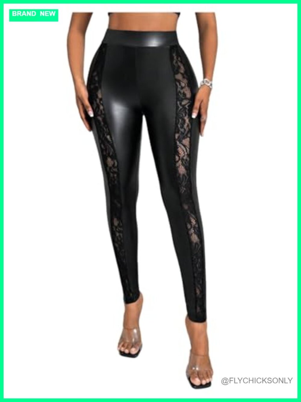 Faux Leather Lace High Waisted Stretchy Skinny Leggings Night Out Clubwear